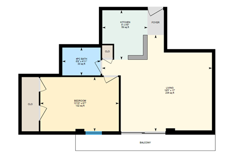 Floor plan for 1 bed, 1 bath, 700 sqft